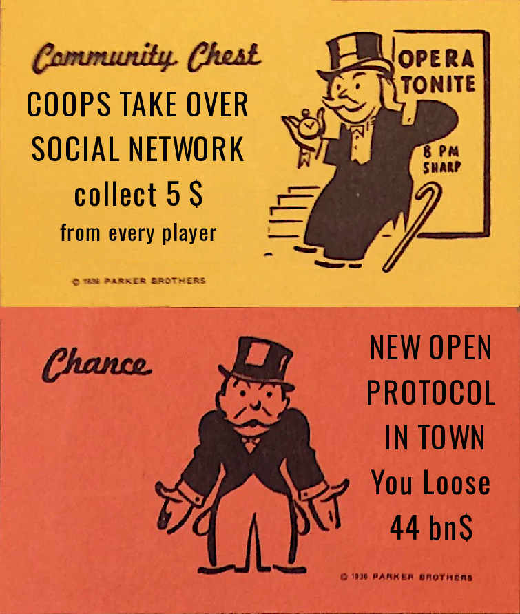 Faked Monopoly Chance and Community Chest cards: "NEW OPEN PROTOCOL IN TOWN You Loose 44 bn$" and "COOPS TAKE OVER SOCIAL NETWORK collect 5 $ from every player"